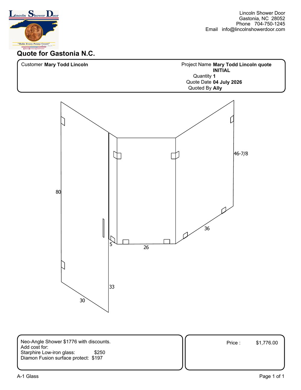 Initial quote example for a Neo-Angle shower, before final measure